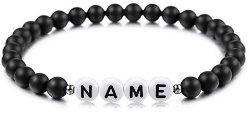 MeMeDIY Personalisierte Initial Armband Gravierte Brief für Freund Freundinnen Paare Frauen Männer Benutzerdefinierter Name Knöchel Schwarz Natürlicher Achat Weiß Türkis Handgemachte Geschenke