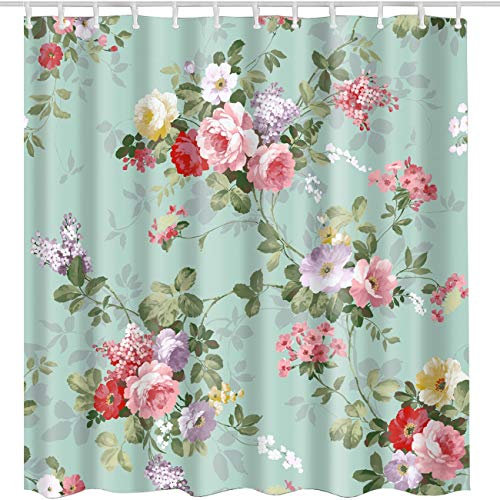 JOOCAR Rideau de douche design vintage élégant rose avec feuilles, fleur de printemps rétro, tissu imperméable pour salle de bain avec crochets, 183 x 183 cm