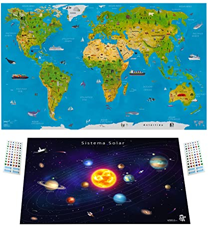 WIDETA, Illustrierte Weltkarte in Spanisch, für Kinder und Erwachsene/Poster XXL (82 x 44 cm), foliertes extra dickes Papier 300 g/m2, Bonus Karte Sonnensystem und 3D Aufkleber.