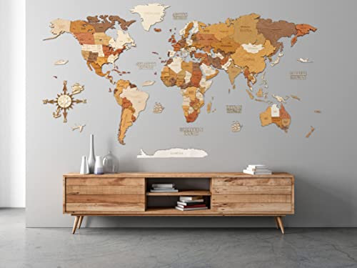 68travel Hölzerne Weltkarte Wanddekoration - mehrschichtig, gebeiztes Holz, eingravierte Namen - einzigartiger 3D-Effekt - für Wohnzimmer, Büro und Schlafzimmer MEGA (300x170 cm)