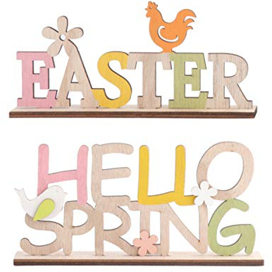 VALICLUD Ostern Holz Aufsteller Easter Hello Spring Schriftzug Tischdeko Osterdeko Frühlingsdeko Desktop Ornament 2 Stück Zuhause Büro Ostern Party Festival Dekoration Zubehör
