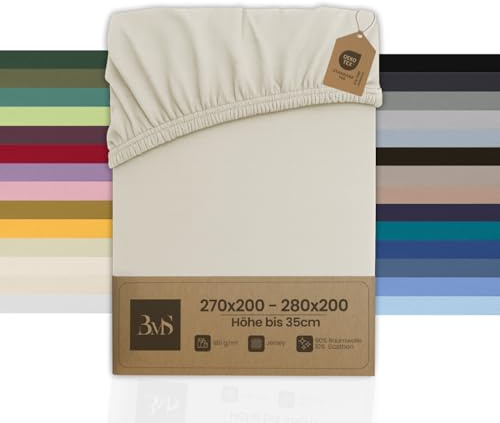 Bettwaesche-mit-Stil Jersey Spannbettlaken (Natur, 270x200 cm - 280x200 cm, Matratzenhöhe bis 35cm) viele Farben & Größen