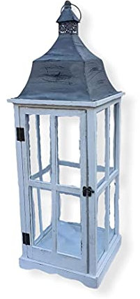 Große Laterne mit Glas 75 cm Weisse Holzlaterne mit Metalldach - Laterne für draußen - Vintage - Gartenlaterne - Windlicht Laterne - Kerzenhalter - Laterne Naturholz