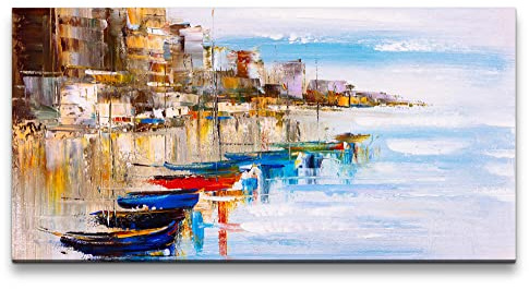 Paul Sinus Leinwandbild 120x60cm Schiffe Mittelmeer Malerisch Küstenstadt Hafen Kunstvoll