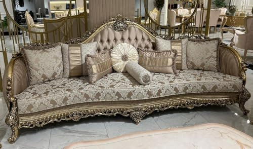 Casa Padrino Luxus Barock Sofa Braun/Weiß/Gold - Handgefertigtes Wohnzimmer Sofa mit elegantem Muster und dekorativen Kissen - Prunkvolle Wohnzimmer Möbel im Barockstil