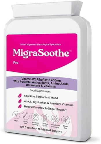 MigraSoothe Pro Version B2 Riboflavin 400 Mg & Migraine Relief Tryptophan, ALA Feverfew Ginger B6, B12 Folic | Tremors | Mood | Energy NHS Recommended UK