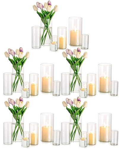 Deko Vase Glas Zylinder Tischdeko: Glasseam 10 Satz Blumen Vasen Set Modern Glasvase Rund Glaszylinder Blumenvase Tulpenvase Tischvase Fuer Hochzeit Wohnzimmer Tulpen Rose, 10/15/20cm Hoch