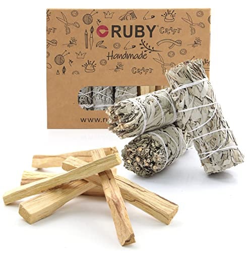 RUBY 3 Bündel Weißer Salbei Räuchern und 6 Palo Santo zum Brennen, Weisser Salbei zum Räuchern, Räucherset Hausreinigung (3 Pzas Salvia + 6 Pzas Palo Santo)