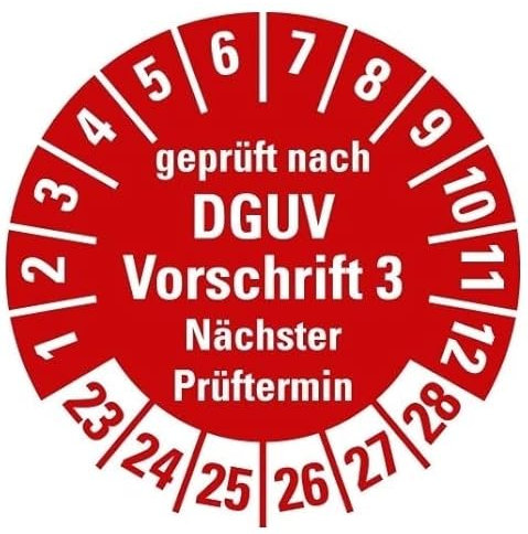 25 Stück – Mehrjahresprüfplakette „geprüft DGUV Vorschrift 3 Nächster Prüftermin 23-28“ Etikett Folie Aufkleber, rot | Ø50mm Made in Germany