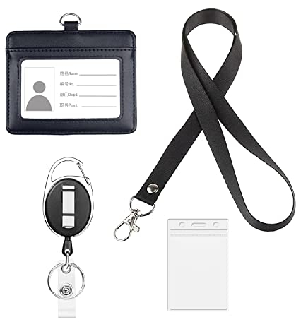 1 x ID-Kartenhalter aus Leder mit 1 x transparentem Kartenhalter, 1 x Teleskopschnalle, 1 x Umhängeband; 1 Ausweishalter, Ausweishalter, Namensschildhalter