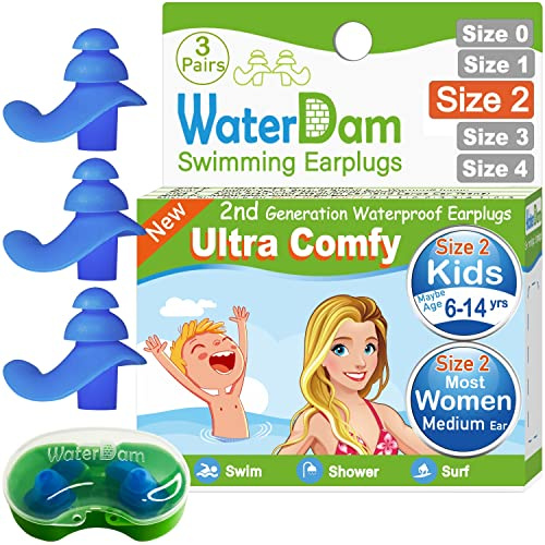 WaterDam Swimming Earplugs Great Waterproof Ultra Comfy Earplugs Prevent Swimmer'sEar (Size 2+2+2: Kids Teens Medium Ear Women Small Ear Men (3 Pairs Blue))