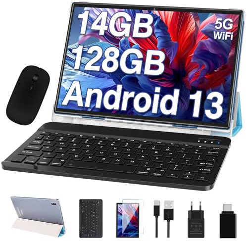 Oangcc 2024 Newest Android 13 Tablet 10 Pollici,14GB RAM+128GB ROM (TF 1TB),Octa-Core 2.0GHz, FHD Tablets con 5G+2.4G WiFi, 8000mAh | 5+8MP | Widgets | BT5.0 | GPS | Tablet con Mouse e Tastiera - Blu