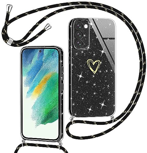 Yichxu Handykette für Samsung Galaxy S21 FE 5G Hülle mit Band, Glitzer Herz Silikon Handyhülle Kordel zum Umhängen, Schutzhülle mit Kette TPU Stoßfest Handy Necklace Hülle für Samsung S21 FE, Schwarz