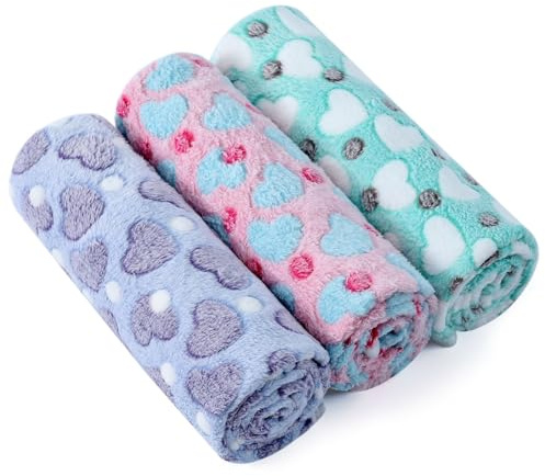 COMSLE Couverture Pelucheuse et Lavable pour Chien et Chat, Lot de 3, Plaid Polaire pour Animal de Compagnie, Canapé/Divan/Lit, Petits et Moyens, 40*60CM, Amour Rainbow