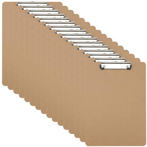 DAKFOOK Lot de 16 planchettes à pince en bois A4, 31,5 x 22,5 cm, planchettes à pince avec trou de suspension et clip en métal à profil bas, porte bloc a4 marron pour menu de restaurant