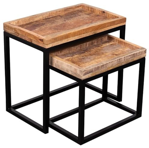 Mr. Deko Couchtisch 2er Set Lecce Mango Natur | Mangoholz | Vintage Optik | Kleine eckige Beistelltische | Kleiner Wohnzimmer Tisch | Industrial Look