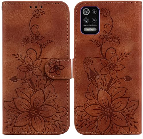 LMFULM® Hülle für LG K62 / K52 / Q52 K520 (6,6 Zoll) PU Leder Magnet Brieftasche Lederhülle Lotus Drucken Tasche Flip Cover Ledertasche Stent-Funktion Case Braun