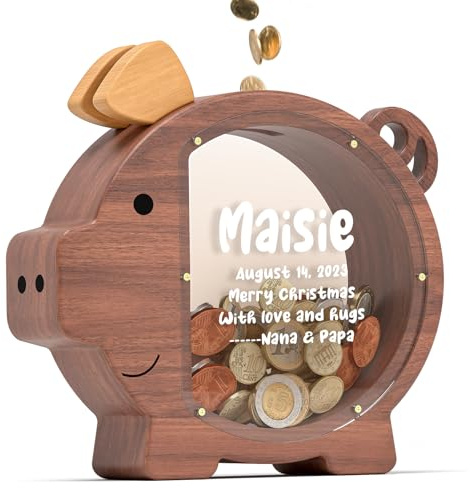 Summidate Personalisiertes Sparschwein aus Holz für Kinder, große unzerbrechliche Rechnungen, Münzwechsel, Geldspardose, Kindergeburtstagsgeschenk, Kinderzimmer-Dekor (Walnut, Custom)