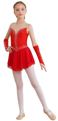 winying Tanzkleid Mädchen Pailletten Eiskunstlauf Kleid Kinder Ärmelloses Ballettkleid Tanztrikot mit Handschuhen Tanz Trikot Ballettanzug Leotard Rot 122-128