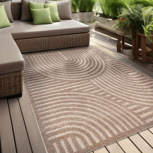 Taracarpet In & Outdoor Teppich Barcelona Wetterfest Balkon Boho Wohnzimmer Küche Skandinavisch Muster Einfarbig 3D Effekt Modern beige Kreise Welle 120x160 cm