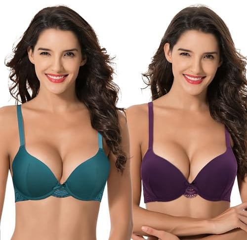 Curve Muse Womens Plus Size Perfect Shape Add 1 Cup Push Up Underwire Tshirt Bra, Burgundy,teal(2 Pack), 38DD