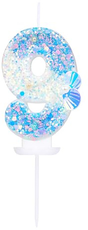 EAKE Geburtstagskerze mit der Zahl 9, 3D-Motiv Oneder The Ocean, Kerzen für Jungen, Mädchen, Kleinkinder, 9. Geburtstag, Kuchendekoration, Meeresblau, Partydekoration mit Perlen und