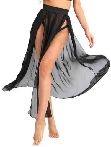 FEESHOW Damen Strandrock Lang Transparent Strandkleider Bikini Badeanzug Vertuschung Wickeltuch Mit Schlitz Strandmode Schwarz XXL