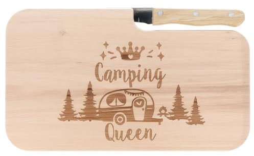 Spruchreif | Brotzeitbrett mit Messer Camping Queen – Graviertes Holzbrett mit Camper-Motiv | Lustiges Geschenk für Frauen & Campingliebhaberinnen