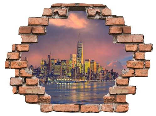 Indigos UG - 3D Optik Wandtattoo - 100x57 cm - Wandaufkleber - New York Skyline - Durchbruch Wanddeko - Mauer - Landschaft, Ausblick - für Wohnzimmer, Schlafzimmer, Küche, Bad, Kinderzimmer