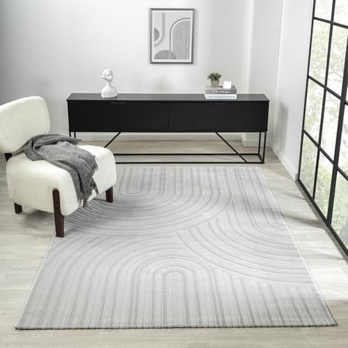 VIMODA Teppich Wohnzimmer Kurzflor Schlafzimmer Wellen Hochtief-Muster/Boho Sakndi,Maße:80x150 cm;Farbe:L.Grey