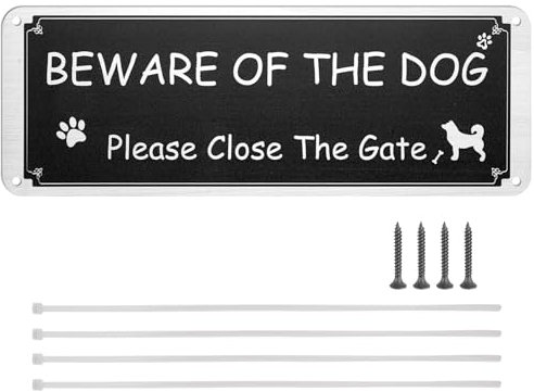 Beware of The Dog Sign - 1 Pack Please Close The Gate Sign, Aluminium Metal Dog Warning Sign, Pre-Drilled, Rustproof, UV Protected - with Zip Ties & Screws for Outdoor Gate Wall - 3.5'' × 9.8''