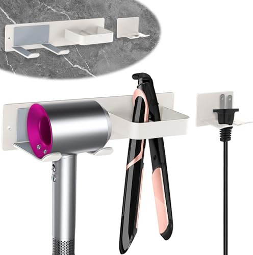 Fönhalter Ohne Bohren mit Stecker Halterung, Föhn Halterung Ohne Bohren Dyson Föhn Halterung für Verschiedene Haartrockner und Glätteisen, Selbstklebend Edelstahl Föhnhalter Wand Ohne Bohren für Bad