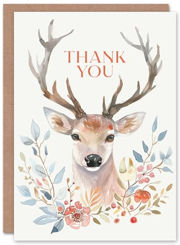 Artery8 Elegant Stag With Autumn Wild Flowers Watercolour Blank For Him Or Her Art Thank You Card
