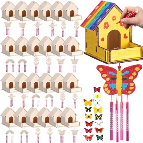 Feifeiya 110 Pcs DIY Birdhouse Wind Chime Kit Build and Paint Birdhouses Wooden Arts 24 Unfinished Wooden Bird House 24 Wind Chime 38 Butterfly Sticker 24 Watercolor Pen Arts for Activity (Classic)