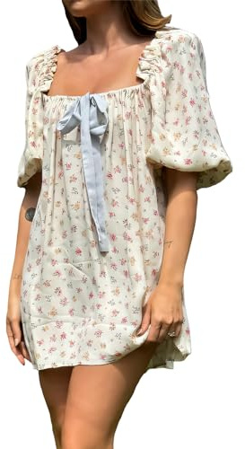 hibshaby Women's Babydoll Short Dress Puff Sleeve Cute Tie Mini Dress Floral Sundress