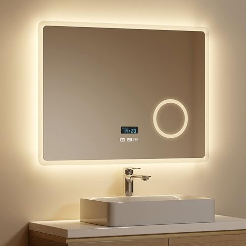 EMKE Badspiegel mit Beleuchtung 80x60cm, Touch, 3 dimmbare Lichtfarben, beschlagfrei, Bluetooth, 3-Fach Kosmetikspiegel, energiesparend IP44 einfache Installation Badezimmerspiegel