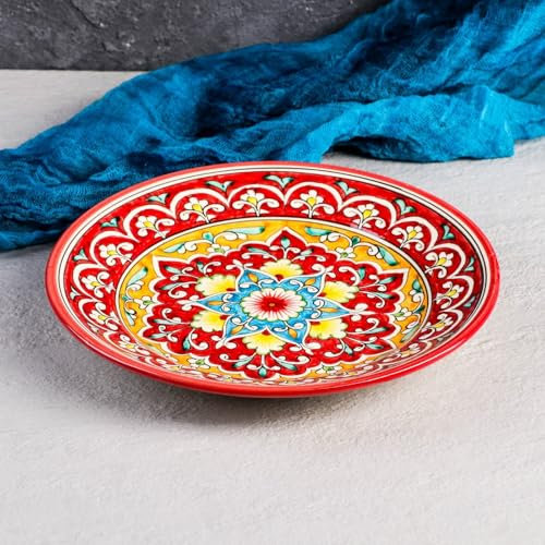 Plato plano de cerámica con patrón uzbeko hecho a mano, apto para microondas, 25,4 cm de diámetro, vajilla Rishan, accesorios de cocina, vajilla tradicional