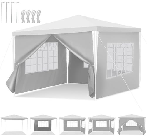 Peviasot 3x3m Pavillon, Garten Pavillon, Partyzelt, Wasserdicht Gartenzelt mit Seitenteilen und Fenstern, Sonnenschutz Festzelt, Außenzelt für Partys, Camping, Festivals, Weiß