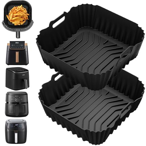 2 Stück Heißluftfritteuse Silikonform Zubehör für Quadratische Airfryer,Air Fryer Zubehör Wiederverwendba anstelle Backpapier,Air Fryer Silikon Einsatz für Philips,COSORI,Tefal,Ninja,Russell Hobbs