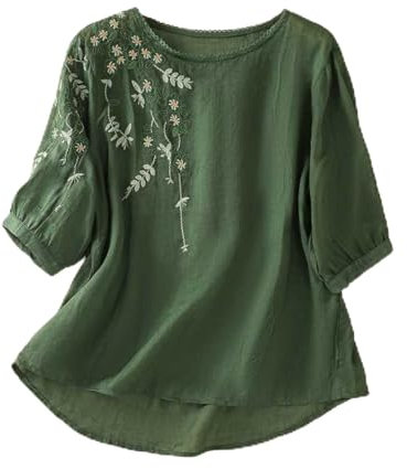 3/4 Sleeve Linen Tops for Women UK Long Sleeve Fashion Spring Tunics My Orders Floral Embroidered Top Cotton Linen Daily Boho Ethnic Style Tee Women Essentials Tee Button Tunic Tshirt