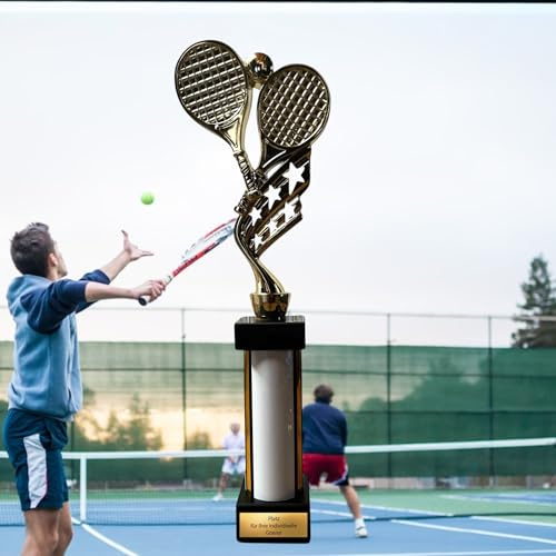 eberix · Tennis Pokal · mit Wunschgravur · Trophäe mit weißer Glanzsäule · Siegerpokal für Tennis-Turnier, Vereinsmeisterschaft, Schulsport, Doppelturnier · personalisierbar ·