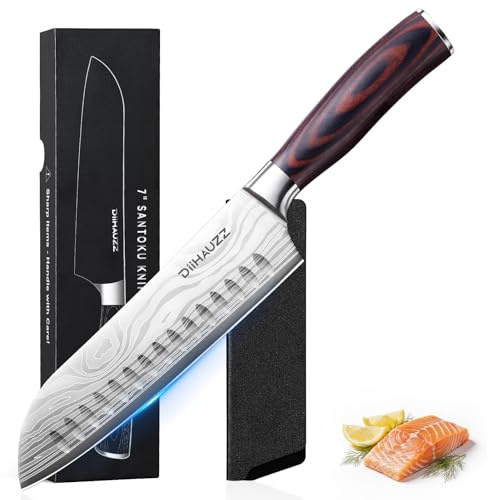 DiiHAUZZ Santokumesser 18cm, Scharfes Hochkohlenstoff-Edelstahl Küchenmesser mit 12° Klinge, Ergonomischer Pakkaholzgriff, Profi Allzweckmesser für Fleisch, Obst und Gemüse