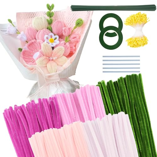 300 Pcs Rose & Vert Fil Chenille Fleur（5 Color）, Pipe Cleaner Flower Kit, Pour Cadeau Fête des Mères Bouquet Diplôme Décoration Maison, fils Chenilles Loisirs Creatifs