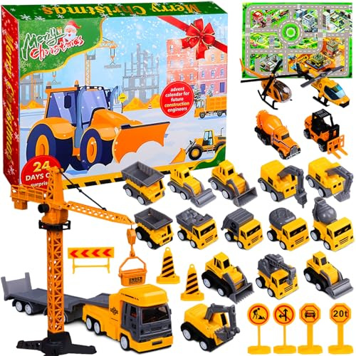 Adventskalender Kinder Jungen 2025 Auto Baustelle Spielzeug Fahrzeugekalender mit Bagger, Kran, Hubschrauber & Straßenkarten – Weihnachtskalender Junge Mädchen Geschenk 4 5 6 7 Jahre
