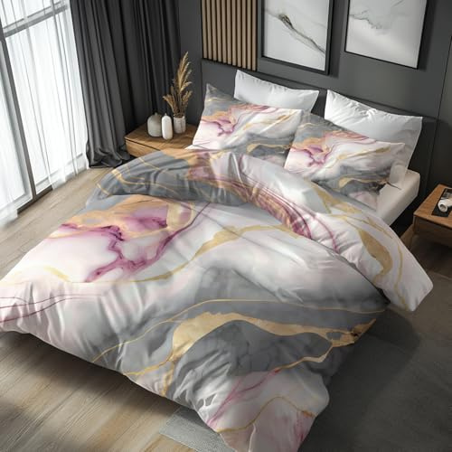 Generisch Bettwäsche 140x200 Gold Grau Marmor - Schlafzimmer Deko Bettbezug 140 x 200 2tlg Modern Abstrakt Muster, 1 Kissenbezug 70x90, mit Reißverschluss, Weich Mikrofaser FO&145