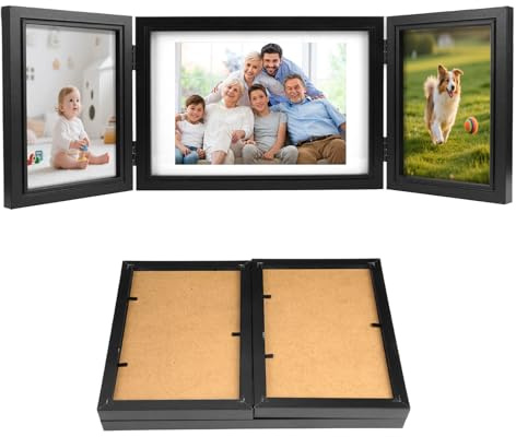 Jyongrmy Bilderrahmen 3 Bilder mit Scharnier, Dreifach Faltbarer Rahmen für 10x15 und 15x20cm Fotos, Bilderrahmen Klappbar, Holzbilderrahmen Schwarz für Haus, Schlafzimmer, Schreibtisch Dekoration