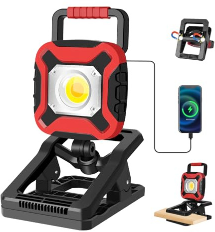 LED Arbeitsleuchte Akku, 2100LM, 4000mAh, Klemme & Magnetfuß, Tragbare | 4 Lichtmodi, 360° Schwenkbar, USB-Ausgangsfunktion, Bequemer Griff, Ideal für Camping, BBQ, Angeln, Werkstatt, Notfälle