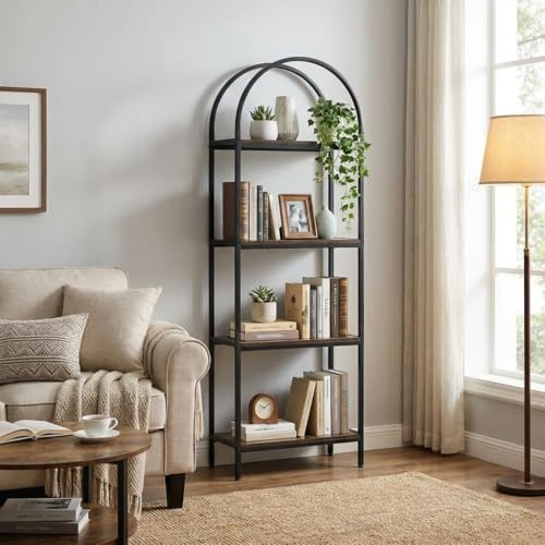 JOLLYTOP Bücherregal, 4-stöckiges Regal, Ausstellungsregal aus Metall und Holz, Industrieregal, Standregal, für Schlafzimmer, Wohnzimmer, Homeoffice, Vintagebraun