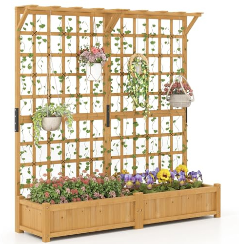 TANGZON Wooden Planter with Trellis, Freestanding Raised Garden Bed for Vine Climbing Plant Flower, Outdoor Elevated Trough Planter Support Box (with Hanging Roof,Natural, 180 x 48 x 183cm)