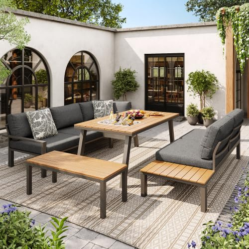 Juego de muebles de jardín de 6 a 7 plazas: grupo de asientos para exteriores con mesa de cubo de hielo integrado y banco WPC – Terrazas modulares Salón con 2 plazas y módulo de esquina, acero